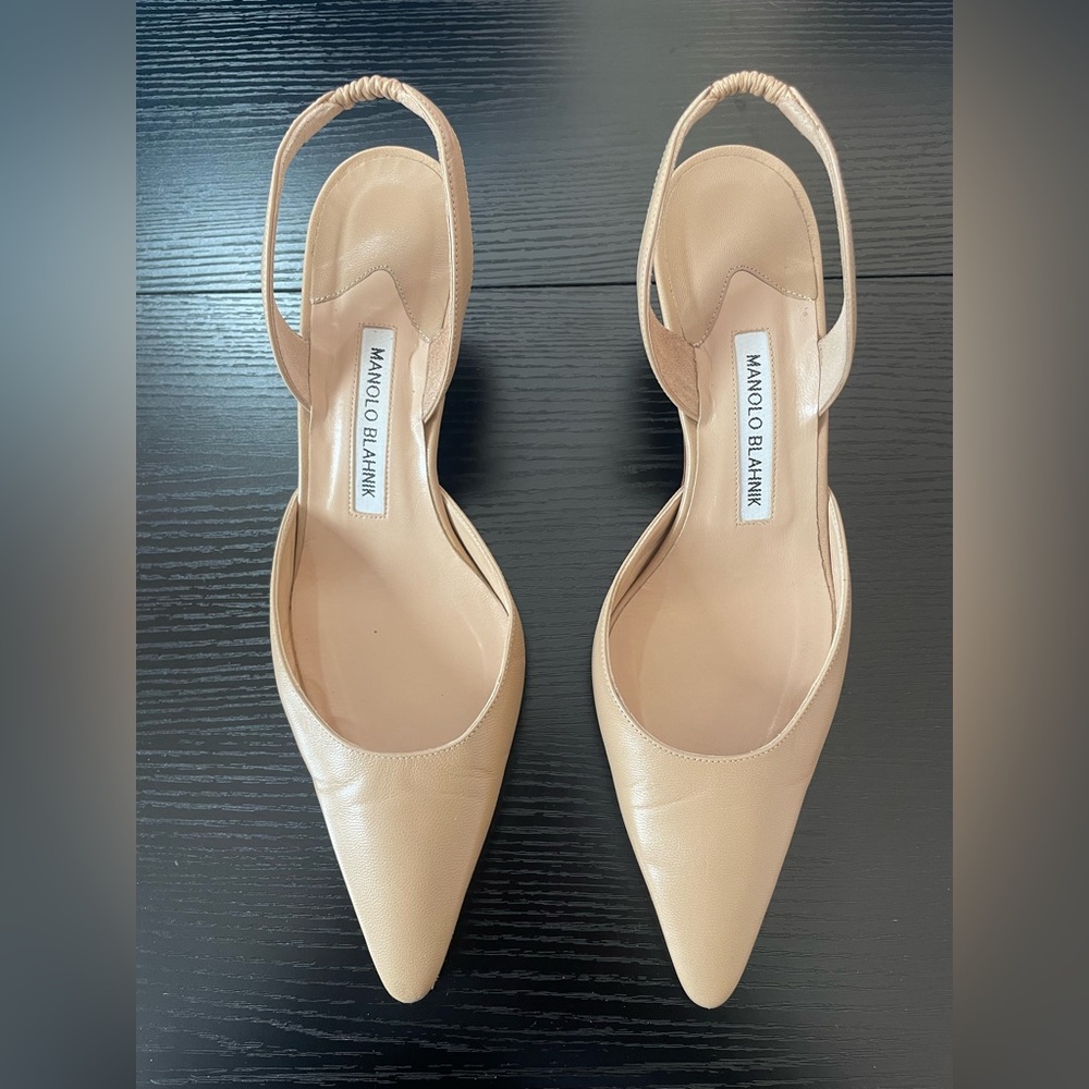 Manolo Blahnik Nude Beige Pointed Slingback Heels - Picture 2 of 9